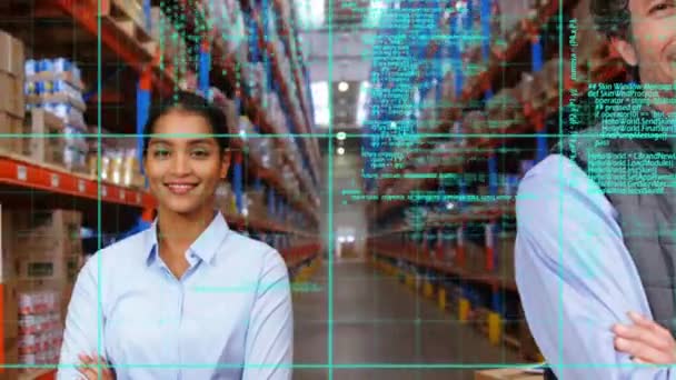 Digital Composite Warehouse Managers Smiling Arms Crossed Program Codes Running — Stock Video