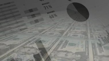 Bir dolar banknotunun üzerinde hareket eden dijital animasyon. Grafiklerin ve istatistiklerin dijital animasyonu ön planda
