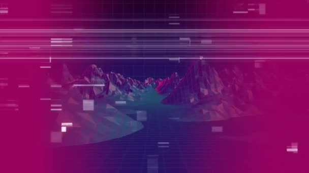在群山之间穿越河流的数字动画 前景为彩色渐变紫色 具有轻微的静态噪声 — 图库视频影像