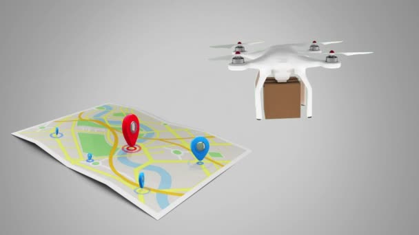 Animación Digital Drones Entregando Paquete Mapa Lleno Indicadores Ubicaciones — Vídeo de stock