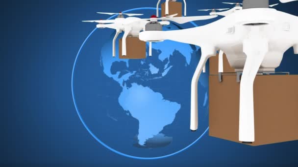 Animación Digital Globo Giratorio Enjambre Drones Que Transportan Paquetes — Vídeos de Stock