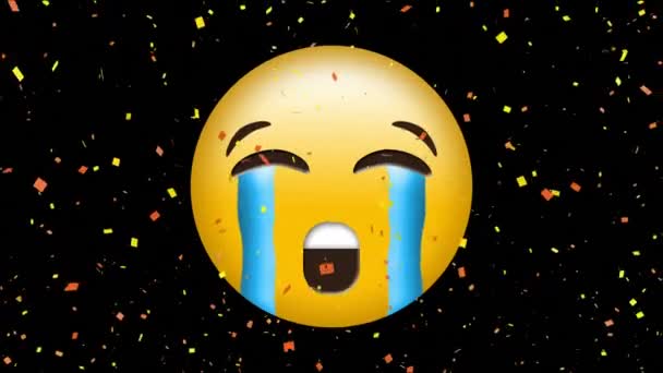 Digital Animation Crying Face Emoji Black Background Digital Confetti — Stock Video