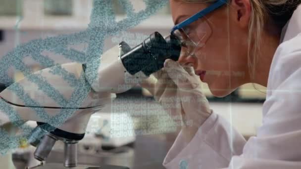 一位女性白种科学家在显微镜和Dna螺旋体上寻找的数字合成 前景是接口代码 — 图库视频影像