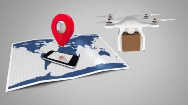 Bir harita ve google harita ile bir telefon üzerinde gezinen bir paket taşıyan bir drone dijital animasyon