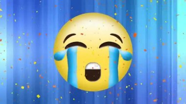Dijital konfeti ile mavi bir arka plan üzerinde ağlayan bir yüz emoji dijital animasyon