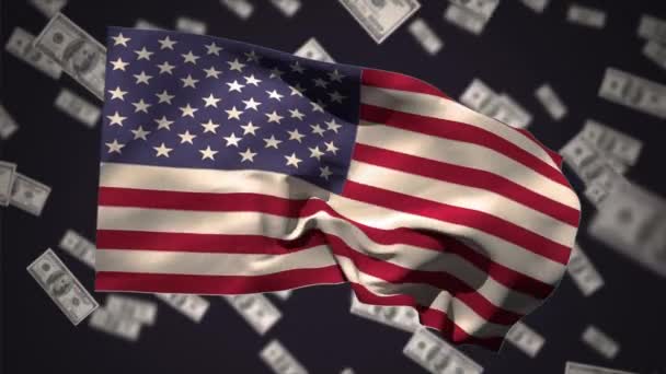 Digital Animation Amerikansk Flagga Vifta Mot Svart Bakgrund Med Dollarsedlar — Stockvideo