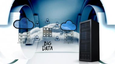 Bulutlarla dolu bir sunucu kulesinin yanında bulut depolama çiziminin dijital animasyonu