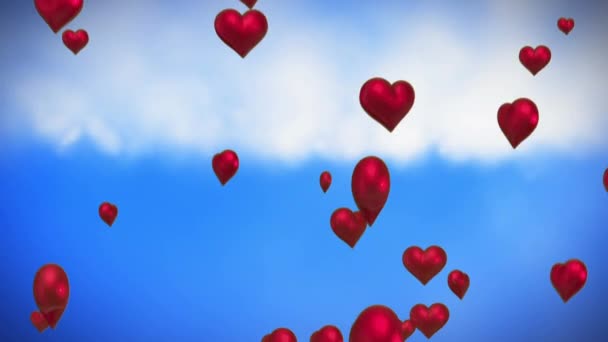 Digitální Animace Srdcí Balónků Letící Obloze — Stock video