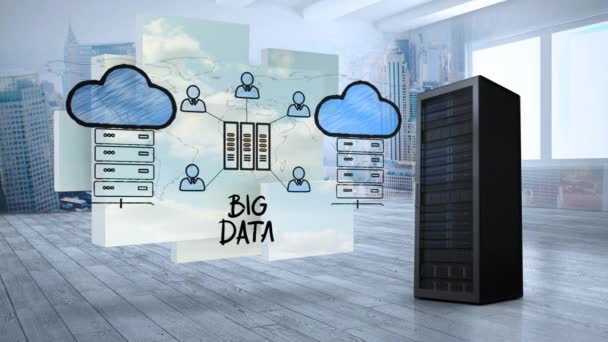 Digitale Animation Eines Serverturms Neben Einer Illustration Eines Cloud Speichernetzwerks — Stockvideo