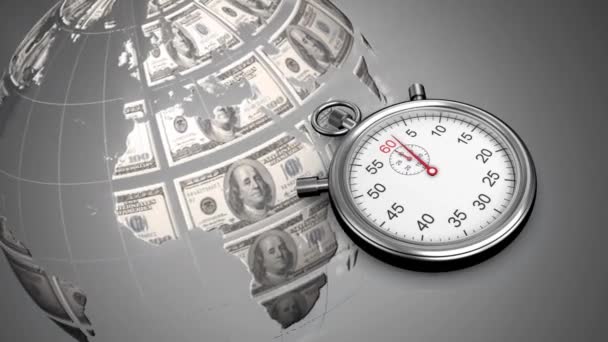 由计时器后面的美元钞票制成的地球仪的数字动画 — 图库视频影像