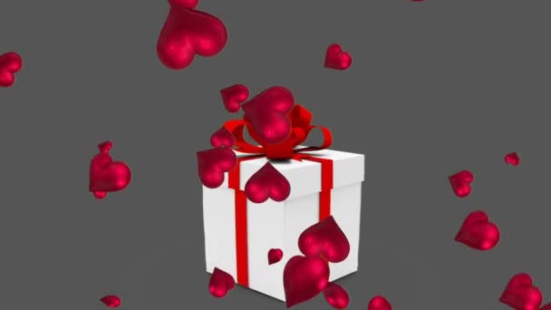 Digitale Animation Einer Geschenkbox Die Sich Öffnet Herzballons Auf Einem — Stockvideo