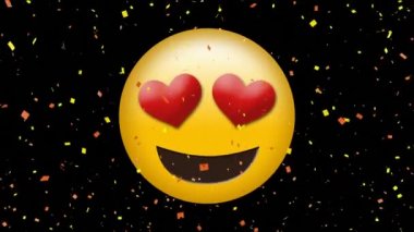 Dijital comfetti ile siyah bir arka plan üzerinde kalp gözleri emoji ile bir yüzün dijital animasyon