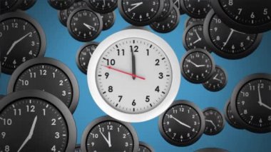 Düşen siyah saatler arka plan ile analog beyaz saat dijital animasyon