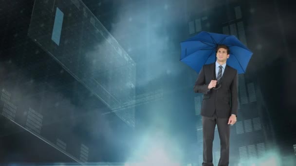 Animation Numérique Graphiques Statistiques Derrière Homme Affaires Caucasien Avec Parapluie — Video