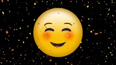 Dijital konfeti ile siyah bir arka plan üzerinde gülümseyen bir yüz emoji dijital animasyon