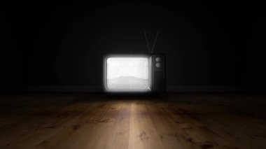 Ekranında Amerikan bayrağı olan karanlık boş bir odada televizyonun dijital animasyonu