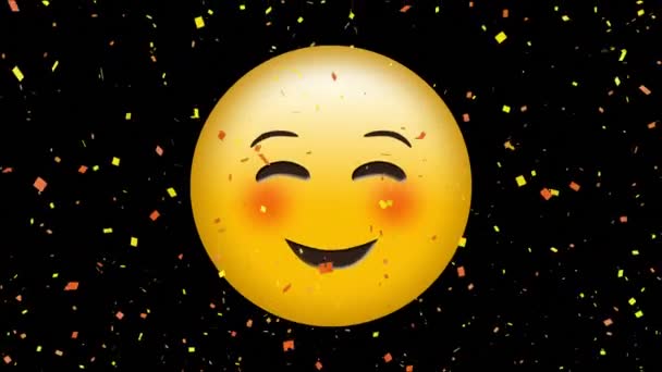 Цифрова Анімація Усміхненого Обличчя Емодзі Чорному Тлі Цифровою Конфетті — стокове відео