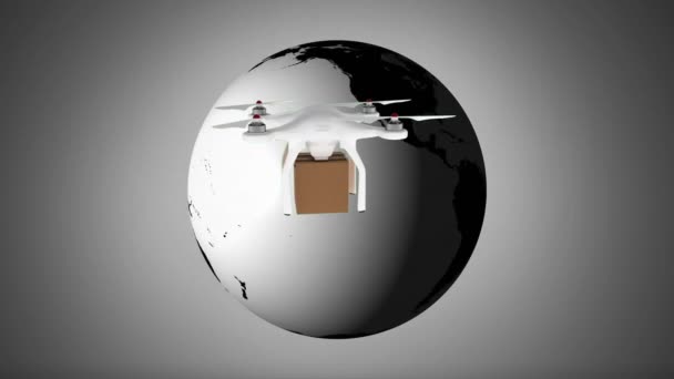 Цифровая Анимация Дрона Несущего Пакет Перед Вращающимся Глобусом — стоковое видео
