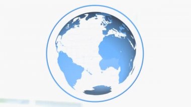 Bir iş adamı ve bir iş kadını ve masa arka plan üzerinde dönen bir dijital küre arasında bir el sıkışma dijital kompozit