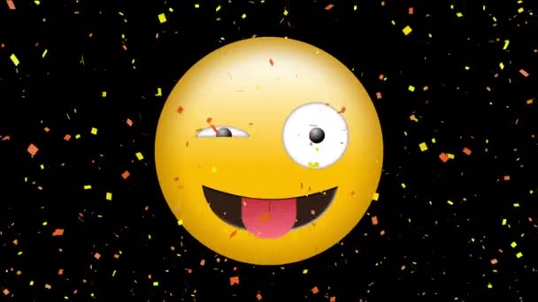 Animação Digital Tong Saindo Emoji Fundo Preto Com Confete Digital — Vídeo de Stock