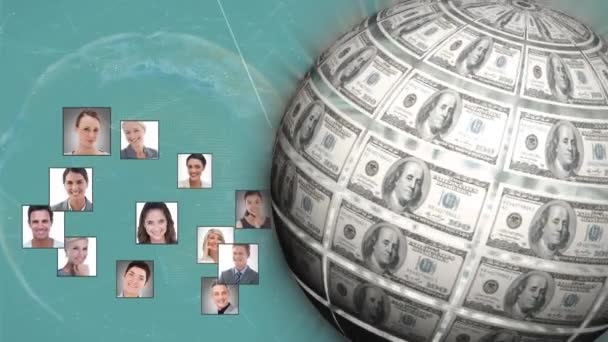 Digital Komposit Roterande Klot Gjorda Pengar Och Profilbilder Grupperade Tillsammans — Stockvideo