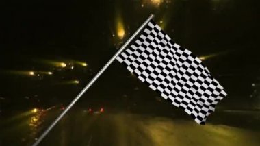 Bir yarış bayrağı dijital kompozit ve gece bir yolda hareket