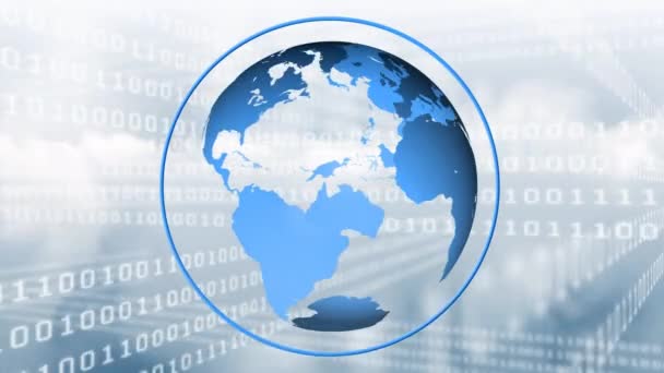 Animation numérique d'un globe tournant sur fond bleu rempli de codes binaires 