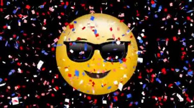Dijital konfeti ile siyah bir arka plan üzerinde güneş gözlüğü emoji ile bir yüzün dijital animasyon