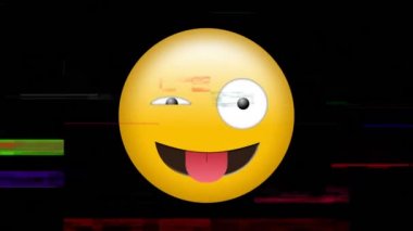 Siyah arka planda piksel gürültüsü ve göz kırpma emojisinin dijital animasyonu