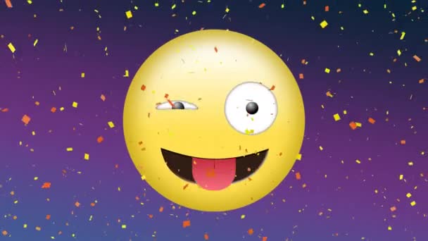 Animazione Digitale Emoji Ammiccanti Coriandoli Cadenti Sfondo Viola — Video Stock