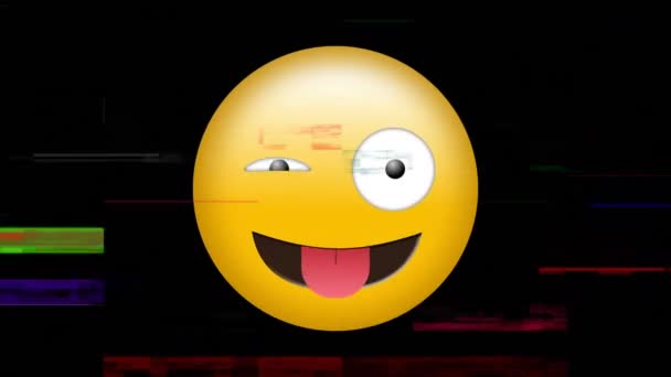 Digitale Animation Von Pixelrauschen Und Zwinkernden Emojis Vor Schwarzem Hintergrund — Stockvideo