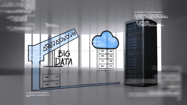 Composito Digitale Server Tower Illustrazione Cloud Storage Una Stanza Vuota — Video Stock