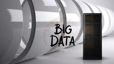 Sunucu kulesinin dijital bileşimi ve beyaz arka plandaki bulut depolama illüstrasyonu. Dev beyaz halkalar iyon arka plan görülür