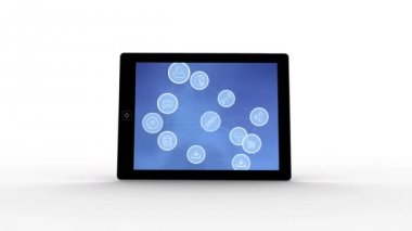 Beyaz arka plan üzerinde ekranında simgeler olan bir tabletin dijital animasyonu