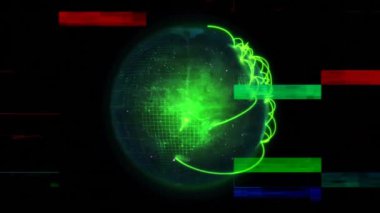 Ağ hatları ve piksel gürültüsü ile yeşil bir kürenin dijital animasyonu