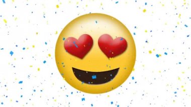 Dijital konfeti ile beyaz bir arka plan üzerinde bir kalp gözleri emoji dijital animasyon