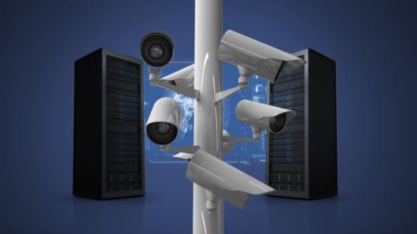 Digitaler Verbund Von Überwachungskameras Mit Servertürmen Dahinter Und Einem Bildschirm — Stockvideo