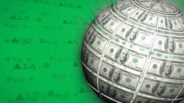 Digitale Animation eines rotierenden Globus aus Geld auf einem Bildschirm mit Börsennummern