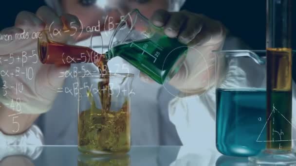 Digital Composite Chemist Mixing Chemicals Beaker Foreground Filled Equations — Stock Video