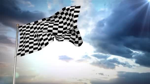 在天空背景上挥舞的赛车旗帜的数字动画 — 图库视频影像
