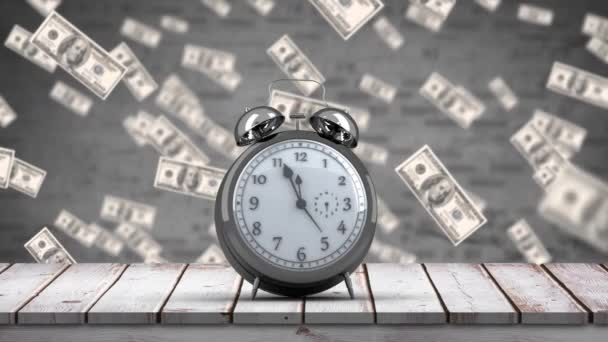 Digital Animation Alarm Clock Flying Money Brick Wall Background — Stock Video