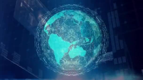 青い背景に地球を取り巻く星座のデジタルアニメーション モニター画面とラベルがフォアグラウンドに表示される — ストック動画