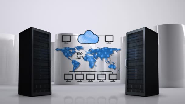 两个服务器塔分开的数字动画显示云存储插图 — 图库视频影像