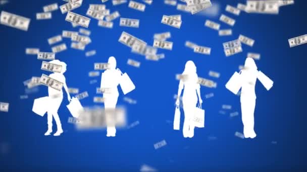 空飛ぶお金で満たされた背景を持つショッピングバッグを持つ女性の白いシルエットのデジタルアニメーション — ストック動画