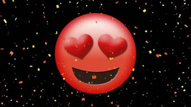Dijital konfeti ile siyah bir arka plan üzerinde kalp gözleri emoji ile kırmızı bir yüzün dijital animasyon