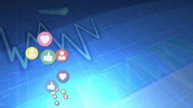 Mavi arka plan çizgi ve çubuk grafikleri gösterirken ekranda yukarı doğru hareket eden sosyal medya simgelerinin dijital olarak oluşturulmuş animasyonu.