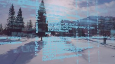 Arka plan çam ağaçları ve bir dağ görünümü ile karlı bir alan gösterirken ekran boyunca hareket eden açık mavi kodları dijital animasyon