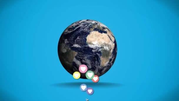 Цифровая Анимация Цветных Иконок Сердца Движущихся Вверх Время Земной Шар — стоковое видео