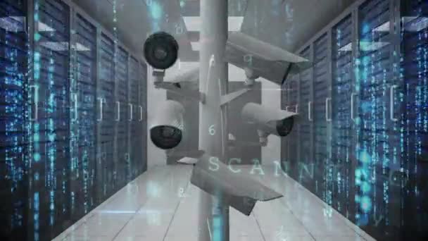 Digitaal Gegenereerde Animatie Van Bewakingscamera Die Bewegen Terwijl Codes Voorgrond — Stockvideo
