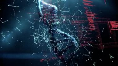 Asimetrik çizgiler program kodları ile ön planda hareket ederken bir Dna çift sarlis dönen dijital olarak oluşturulan animasyon